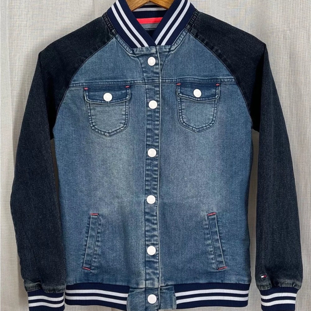 Denim Varsity Jacket Tommy Hilfiger with Black Sleeves youth size 5